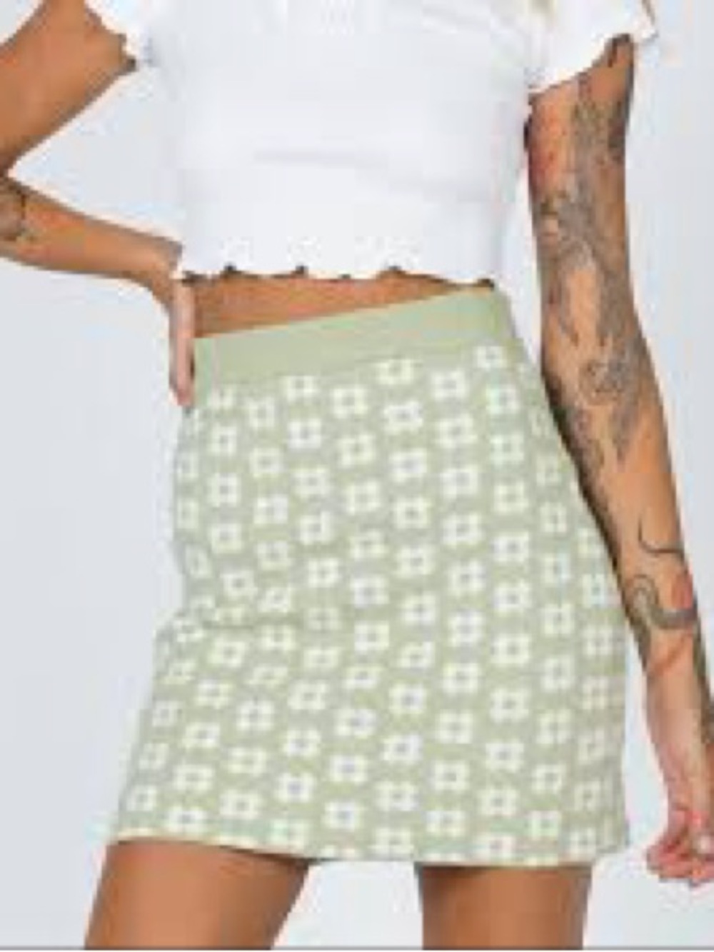 Princess Polly Adora Sage Green and White Floral Soft Knit Mini Cutesy Skirt